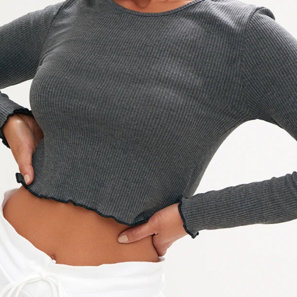 Dark grey 90s ribbed lettuce trim long sleeve top - Picture 3 of 4